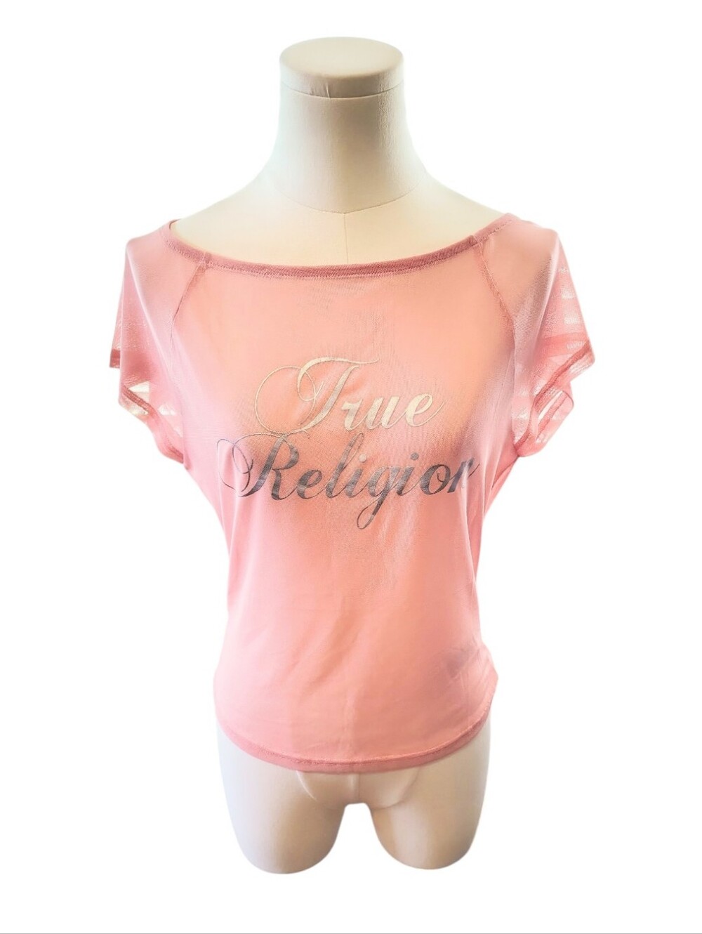 True Religion Pale Pink &  Silver Sheer Mesh Stretchy Lightweight Tee Size Small